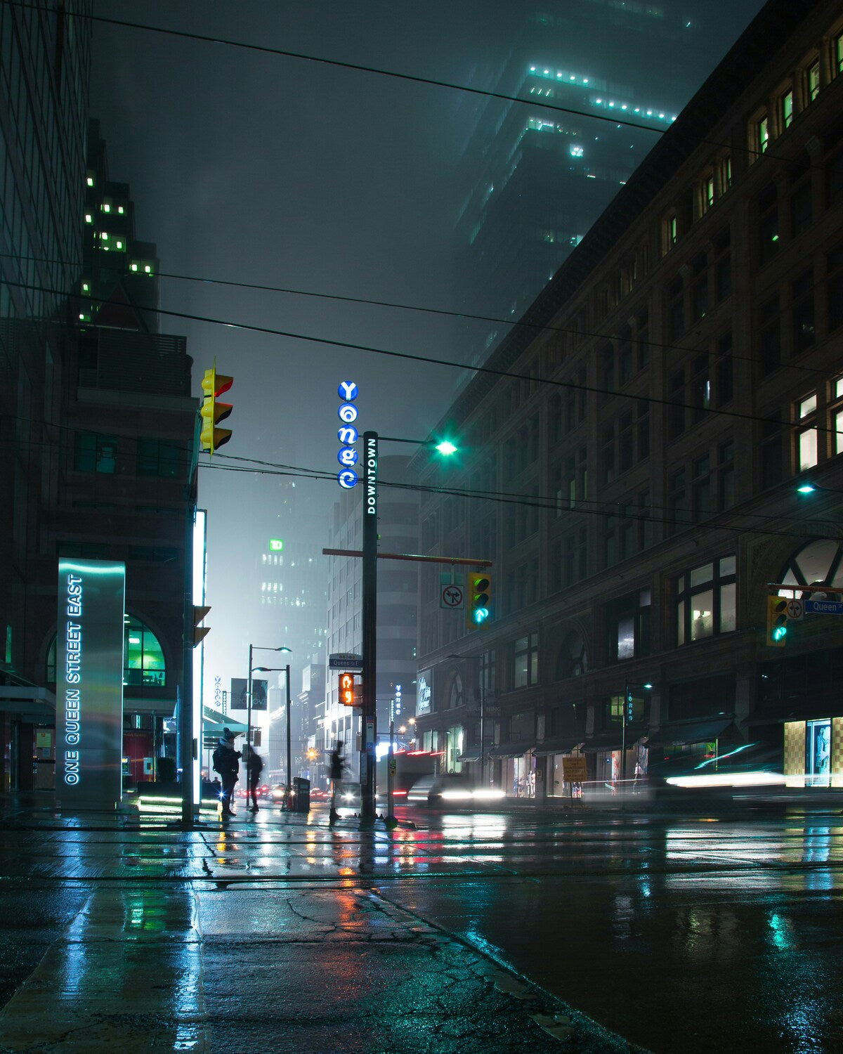 Midnight Street Reflection - Rainy city street at night with reflections. Museum-grade framed artwork by Veriando Studio.