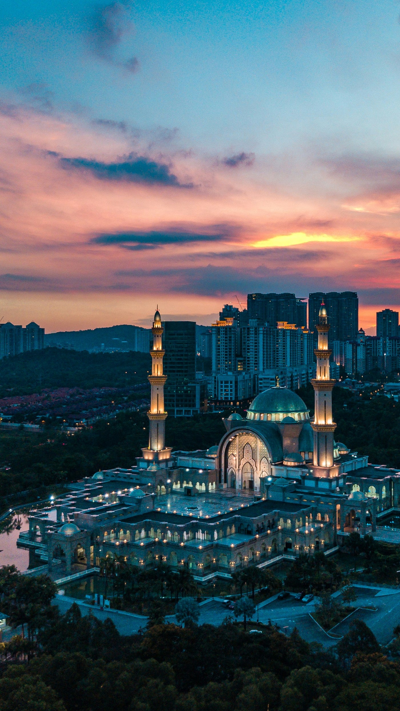 Mountain Mosque at Sunset - Mosque in a mountain cityscape at sunset. Museum-grade framed artwork by Veriando Studio.