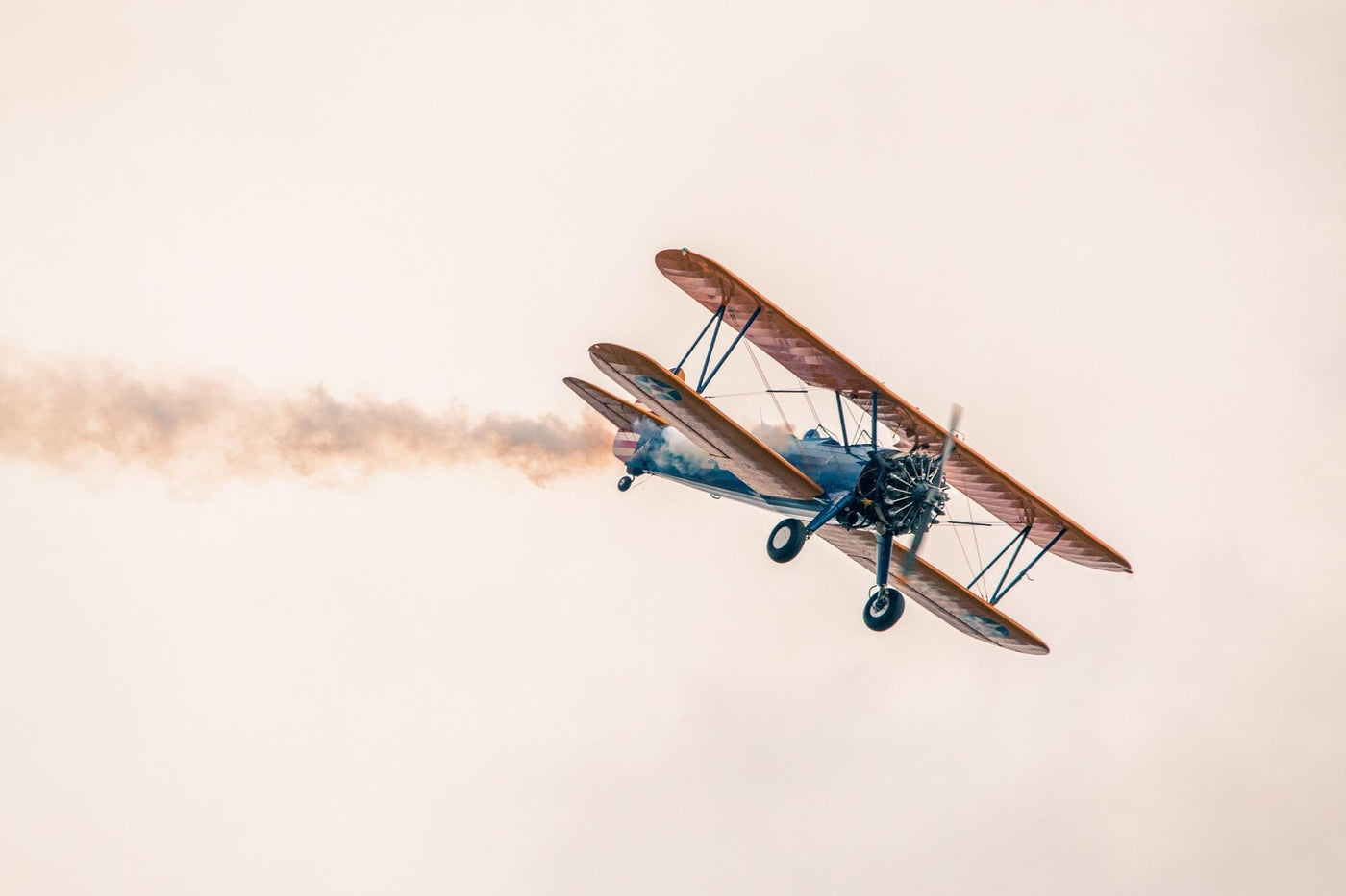 Vintage Flight - Vintage biplane flying through pale sky. Museum-grade framed artwork by Veriando Studio.