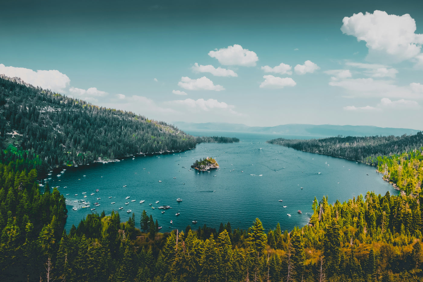 Blue Lake Afternoon - Wide lake and hills under bright clouds. Museum-grade framed artwork by Veriando Studio.