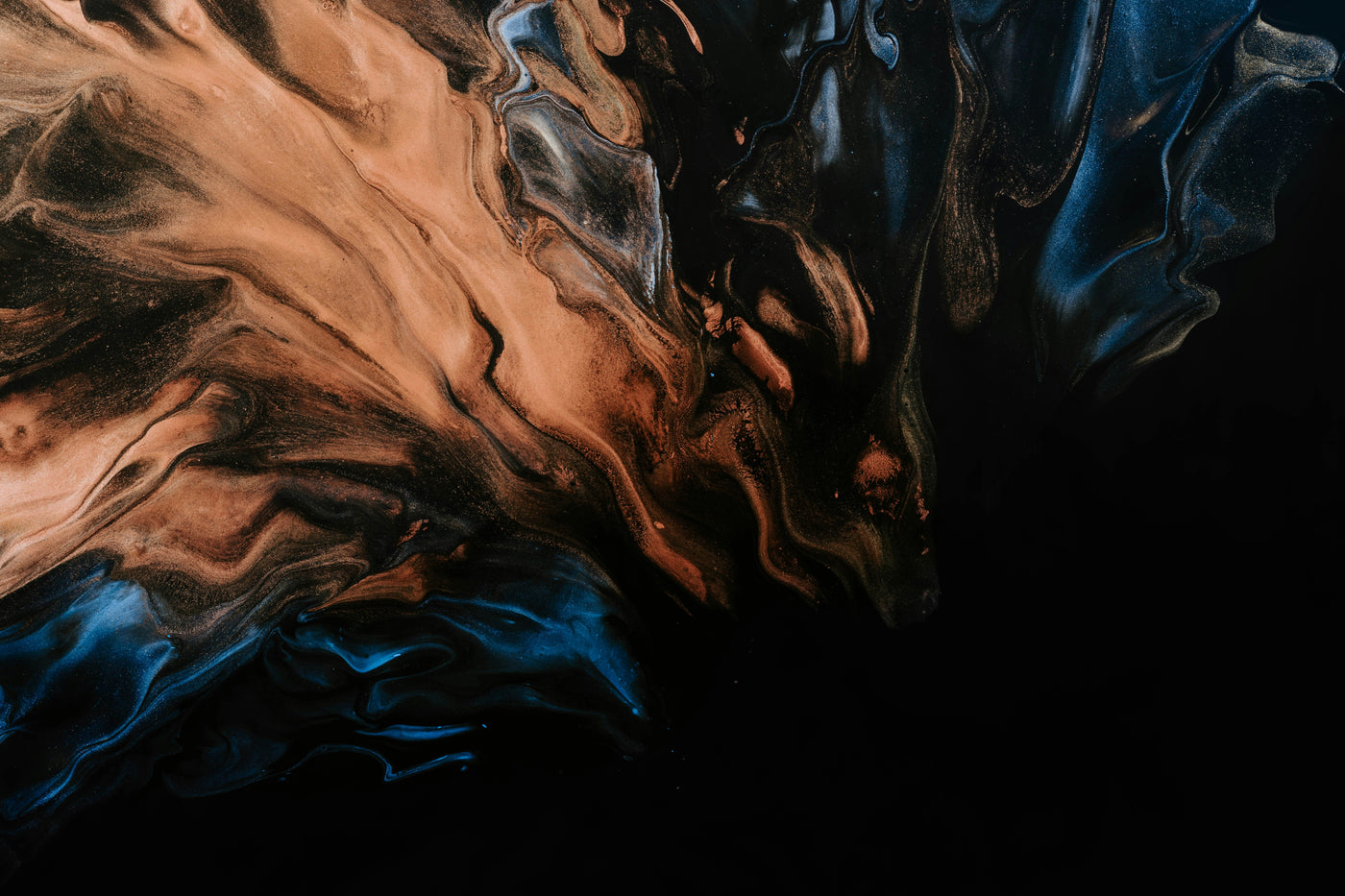 Copper Marble Drift - Copper and black marbled fluid forms with deep blue accents. Museum-grade framed artwork by Veriando Studio.