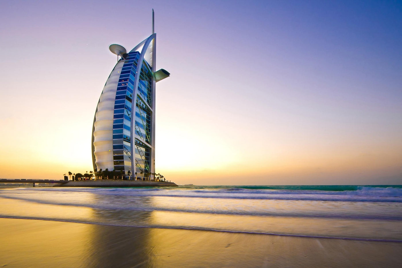 Burj Al Arab at First Light - Burj Al Arab at sunrise across the water. Museum-grade framed artwork by Veriando Studio.