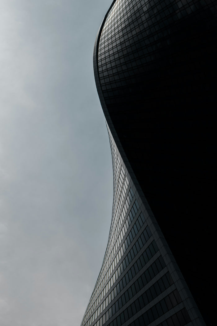 Curved Tower in Fog - Dark curved tower edge fading into pale fog. Museum-grade framed artwork by Veriando Studio.