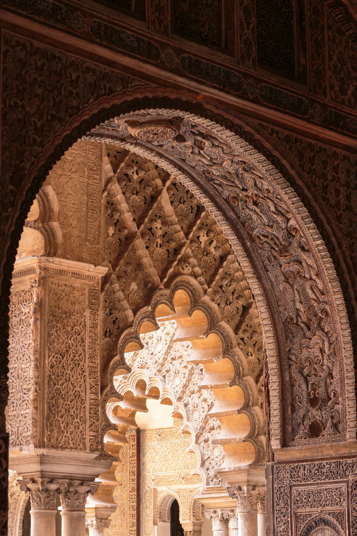 Alhambra Light Chamber - Ornate Islamic arch and chandelier in warm light. Museum-grade framed artwork by Veriando Studio.