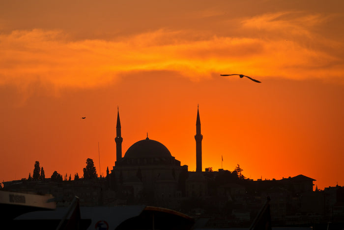 Sunset over the Minarets - Mosque skyline and birds under orange sunset. Museum-grade framed artwork by Veriando Studio.