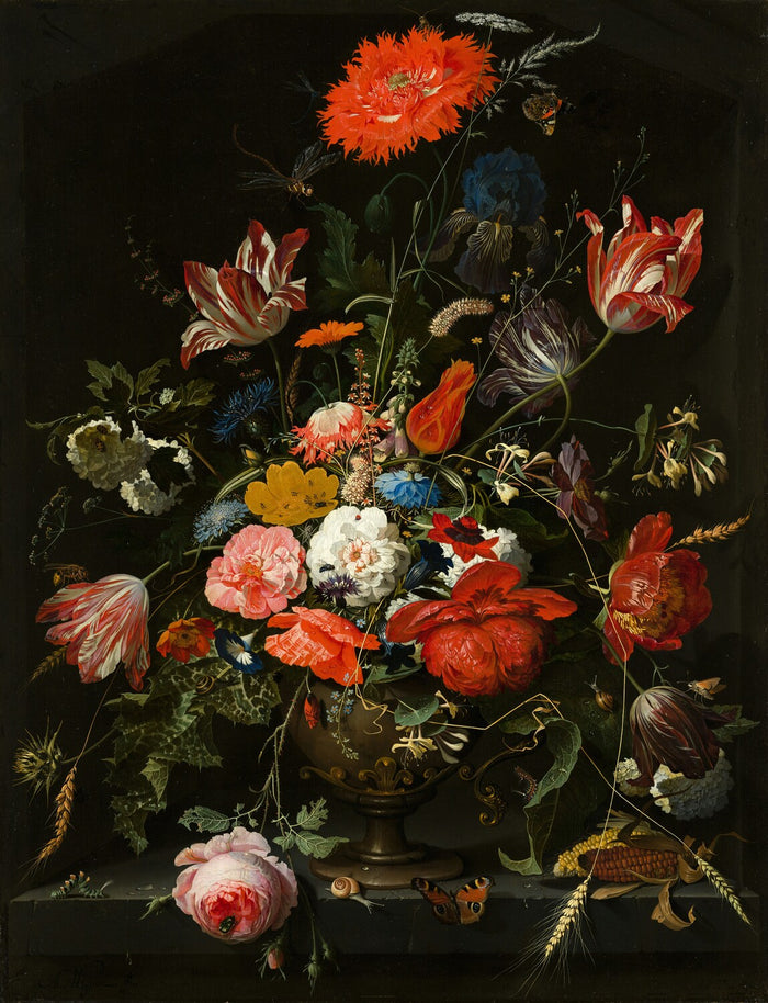 Dutch Floral Nocturne - Dark floral still life with rich blooms. Museum-grade framed artwork by Veriando Studio.