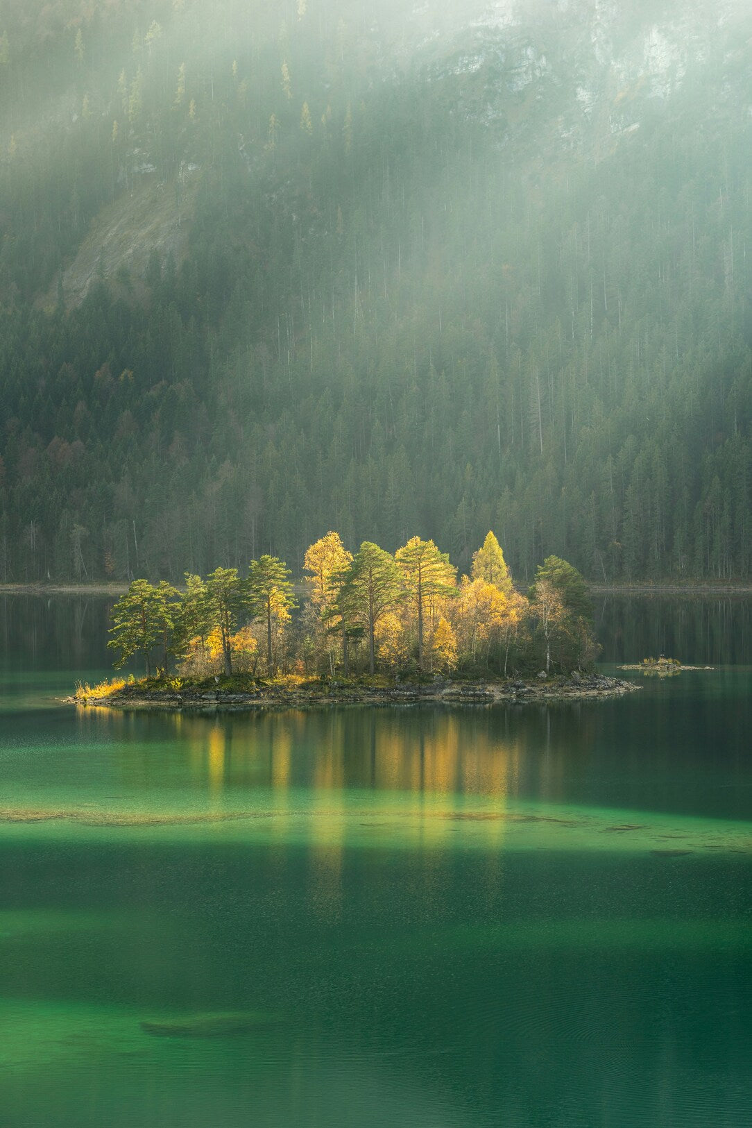 Island of Green Light - Small golden island in misty green water. Museum-grade framed artwork by Veriando Studio.