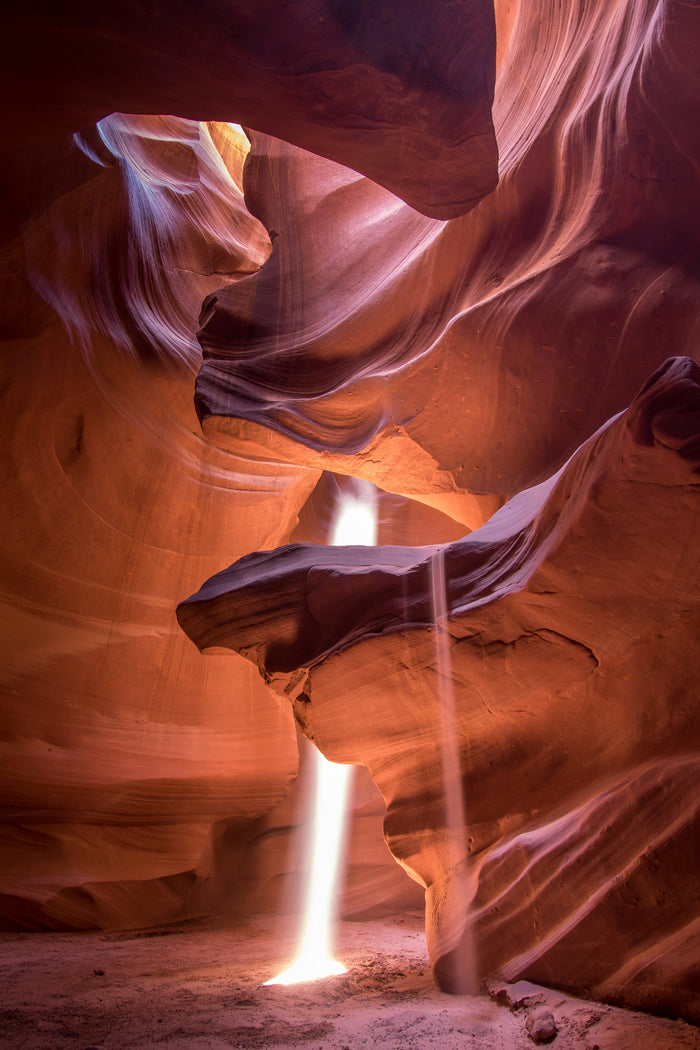 Slot Canyon Waterfall - Waterfall dropping through a terracotta slot canyon. Museum-grade framed artwork by Veriando Studio.