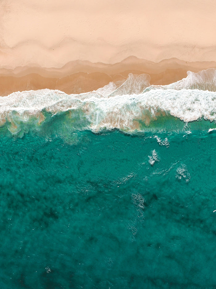 Turquoise Shoreline Study - Aerial shoreline where turquoise water meets sand. Museum-grade framed artwork by Veriando Studio.